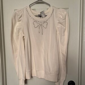 EXPRESS Cream Long Sleeve Top with Rhinestone Bow